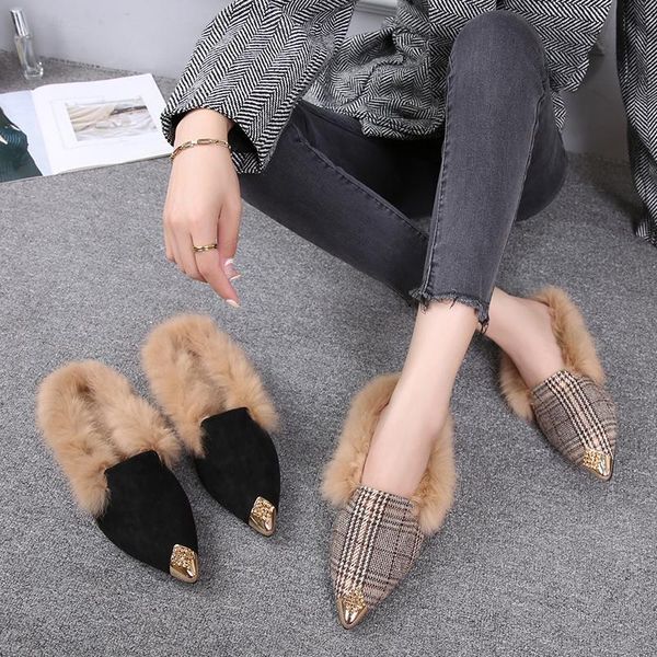 

dress shoes 2021 winter plush middle heels slippers metal decoration pointed toe runway party casual cozy lightweight warm women, Black