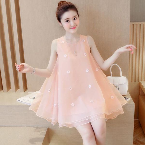 

094# maternity dress summer short sleeves o neck plain color easy matching loose stylish pregnant women mom dresses, White