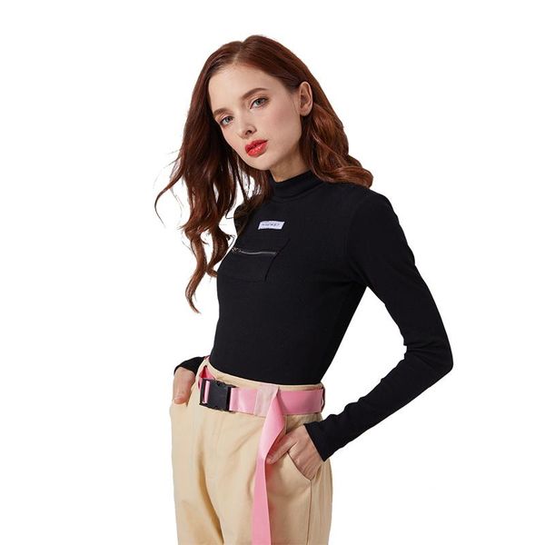 

women's jumpsuits & rompers cotton long sleeve high neck skinny zipper embroidery bodysuit winter women solid body suit, Black;white