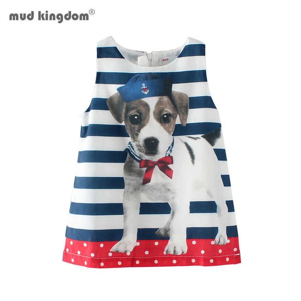 Mudkingdom Verão Criança Menina Vestido Vívido Filhote de Cachorro Impressão Meninas Stripe Sundress Algodão Sem Mangas Jumper Roupas De Cão 210615