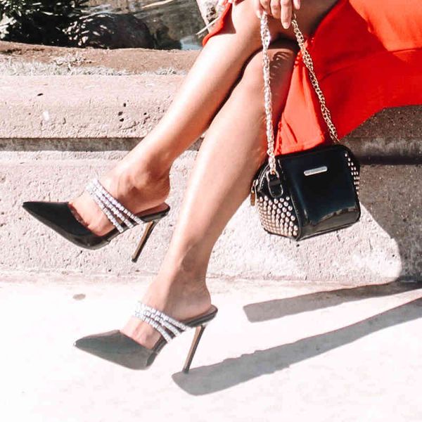 

sandals women pointed toe rivets straps mule slippers 10cm thin high heel slip on sandals for summer plus size, Black