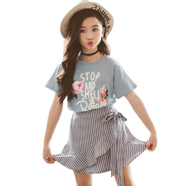 

kids clothes floral teenage girls clothing tshirt + striped skirt sets costumes for children, White