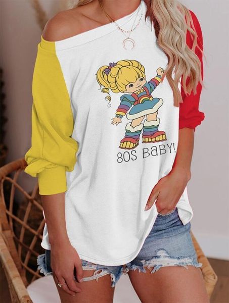 

women's t-shirt summer women t shirt patchwork raglan 3/4 sleeve o neck cartoon printed loose tees casual lady, White