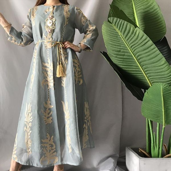 

ethnic 3d flowers lined women dress midi loose embroidered full sleeves o neck middle east dubai arabic turkey clothes, Black;gray