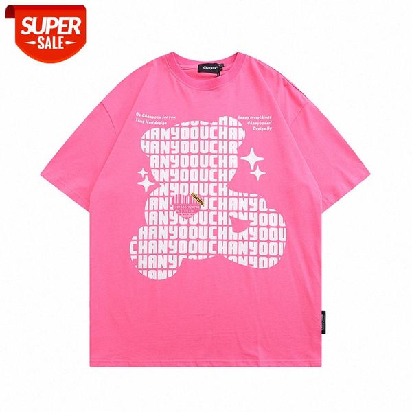 

bear letter printing short-sleeved t-shirt men's street flow loose round neck five-point sleeve half #0w5z, White;black