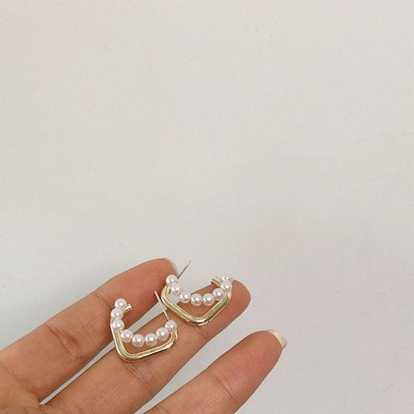

korea s925 vintage geometric handmade simple geometry square double pearl stud earring for women girl jewelry, Golden;silver