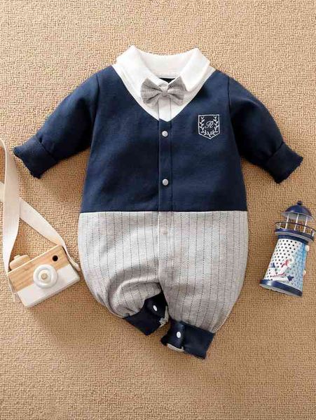 

yierying baby boy bow front embroidery detail colorblock jumpsuit she, Blue