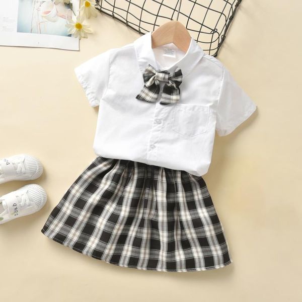 

clothing sets summer kids girls clothes set solid color short sleeve lapel tee shirt + plaid a-line skirt 2pcs outfits children, White