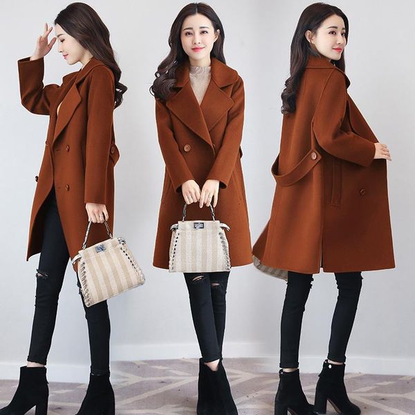 

women's wool & blends autumn winter turn-down collar women double-breasted woolen jacket leisure pure color large size keep warm 43bb, Black