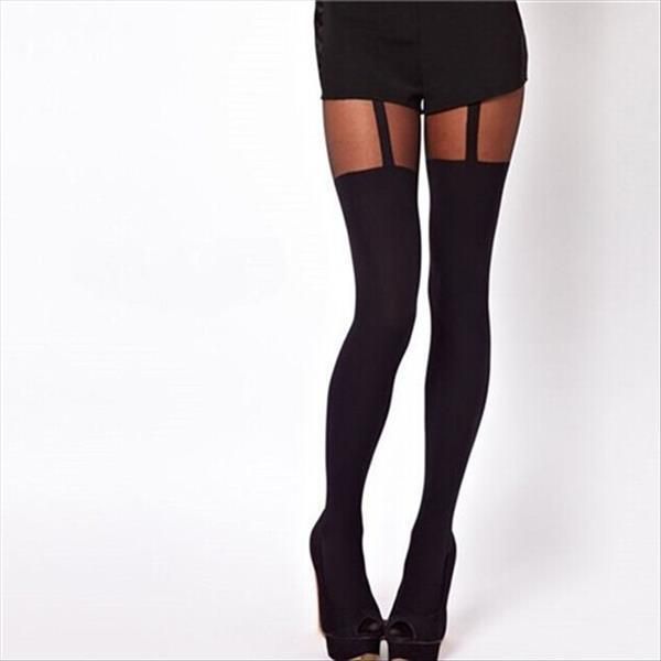 

low black fake garter womens leggings belt suspender tights over the knee hosiery