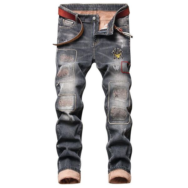 

men's jeans plus velvet winter large size slim-fitting straight hole patch embroidery thick, Blue
