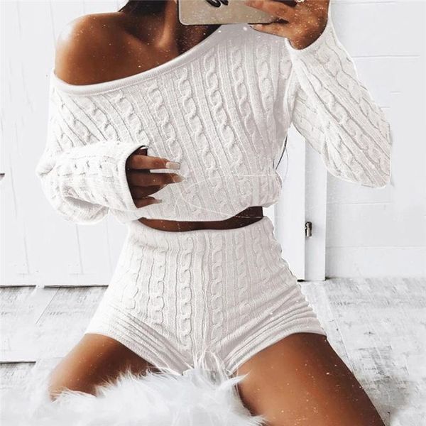 

women's hoodies & sweatshirts women outfits two piece set knitted long sleeve crop high waist skinny shorts autumn winter 2, Black