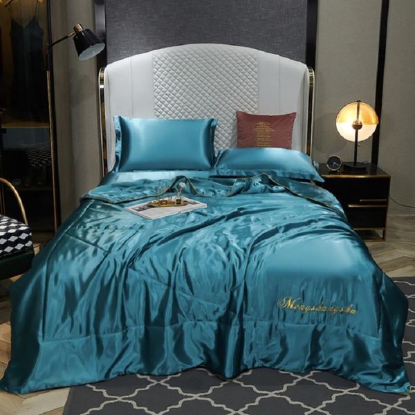 

water-washed tencel embroidered thin summer quilt home decor solid color air conditioner cool ice silky blanket queen king size comforters &