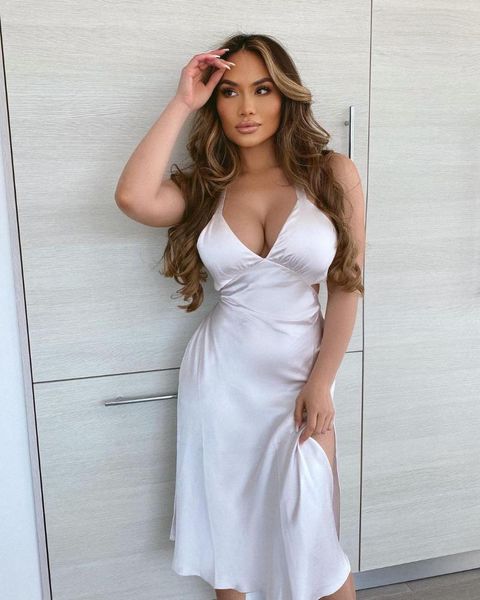 

casual dresses donsignet fashion women's dress summer v-neck solid color satin halter strap high slit midi, Black;gray