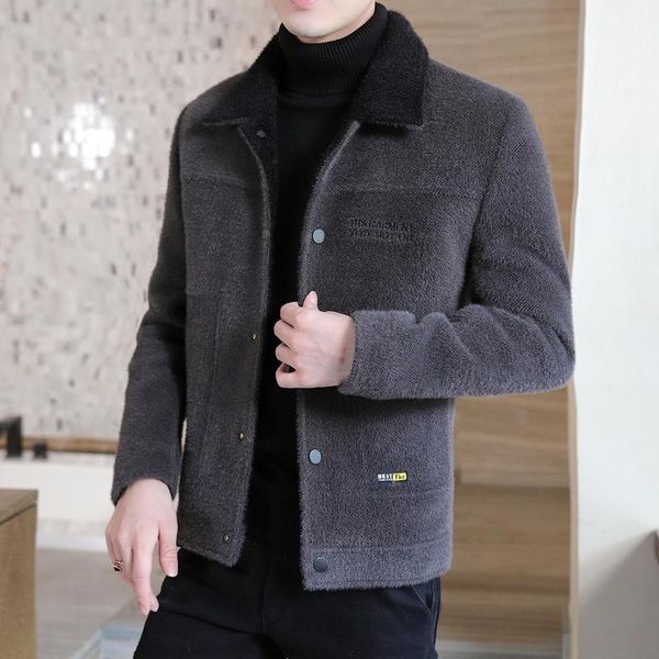 

men's wool & blends 2021 winter woolen coat men turn down collar button black brown casual jacket outwear thickening plus overcoat