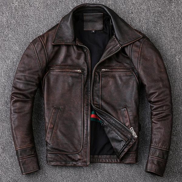 

men's leather & faux men cowhide coat genuine jacket vintage style man clothes motorcycle biker jackets, Black