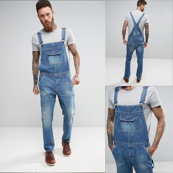 

men's jeans men slimmed solid color pockets rompers overalls fashion denim jumpsuit casual plus size pants, Blue