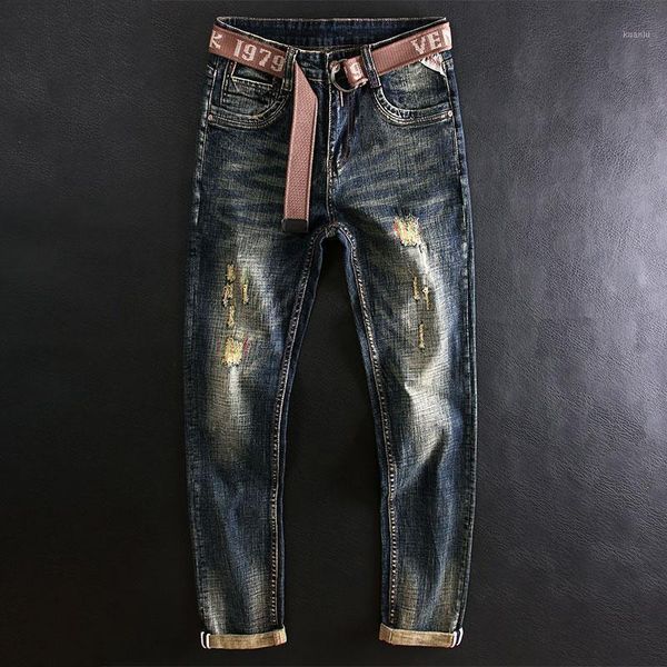 

men's jeans italian style fashion men retro dark blue elastic slim fit ripped embroidery designer casual denim pencil pants