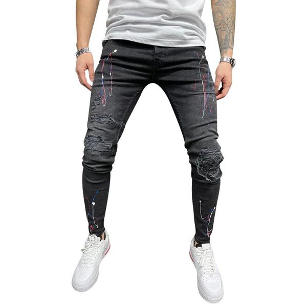 

men's high elastic skinny jeans black ripped streetwear mens denim jogging casual pencil long pants d30