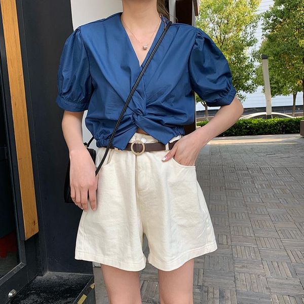 

women's blouses & shirts women short sleeve t shirt summer chic sweet 2021 cross v-neck short-sleeved temperament student bow back ts62, White