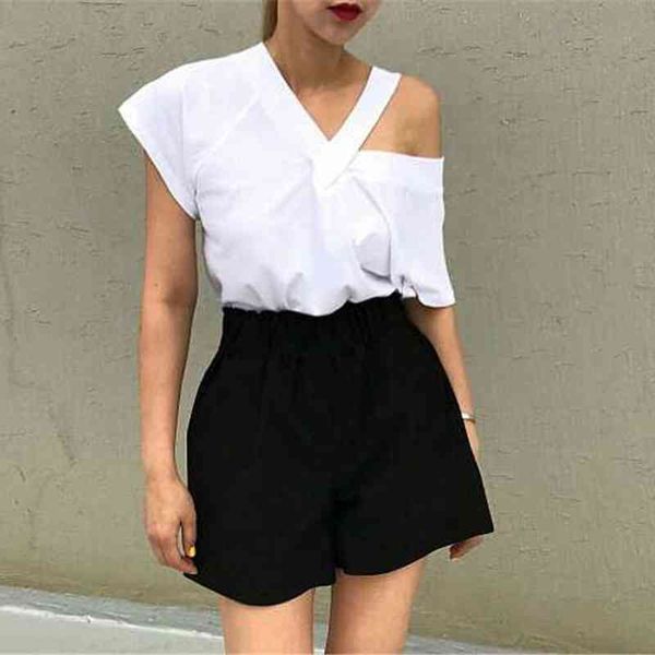 

off-the-shoulder v-neck shirts women summer solid all match t shirt simple korean fashion short sleeve ladies 210514, White