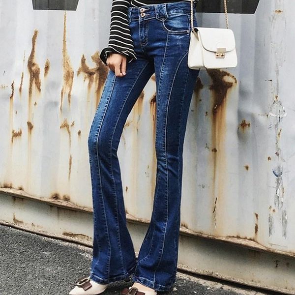 

women's jeans vintage patchwork slim fit womens denim pants autumn chic button high street office ladies full length fashion flares tro, Blue