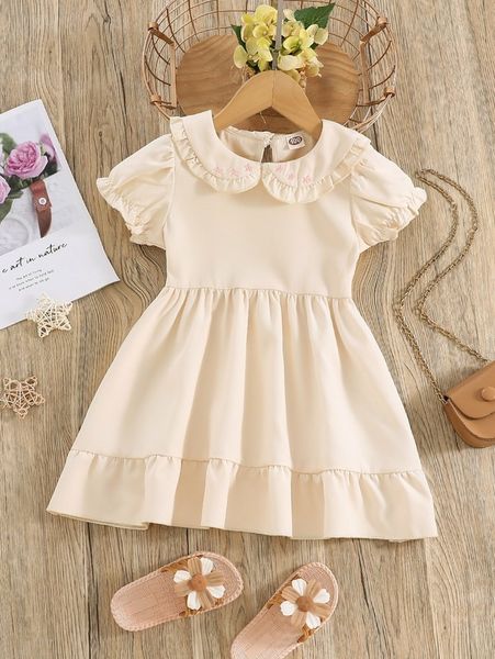 

toddler girls star embroidery puff sleeve ruffle hem dress she, Red;yellow