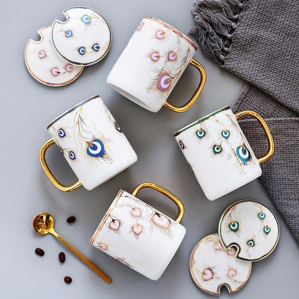 

nordic ceramic mugs peacock simple water cup with spoon lid coffee milk tea drinking home drinkware decoration