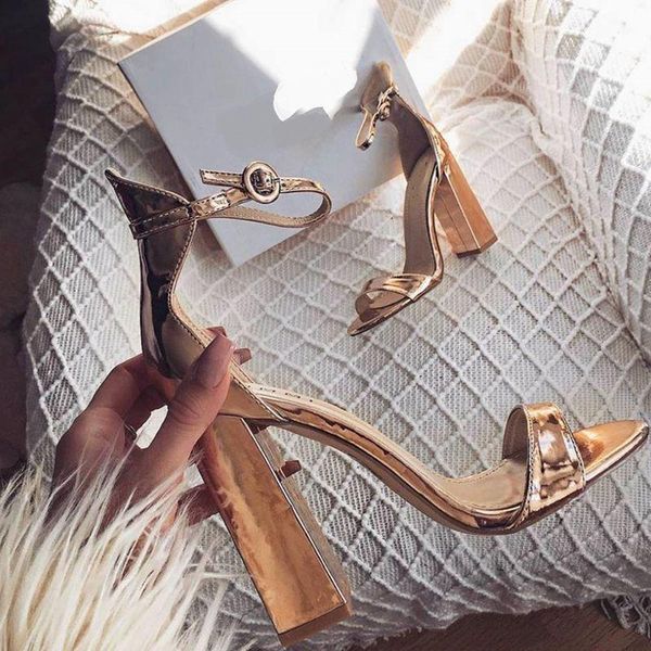

fashion golden patent leather sandals open toed high heels women thick heel buckle pumps 11cm size 41 42 dress shoes, Black