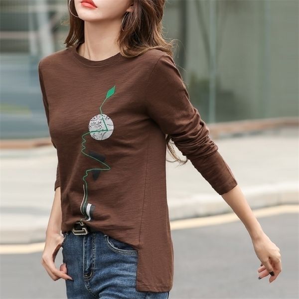 

spring 2021 cotton 100% long sleeve t-shirts women loose printing winter slim gray-blue tee ladies coffee split hem o-neck, White