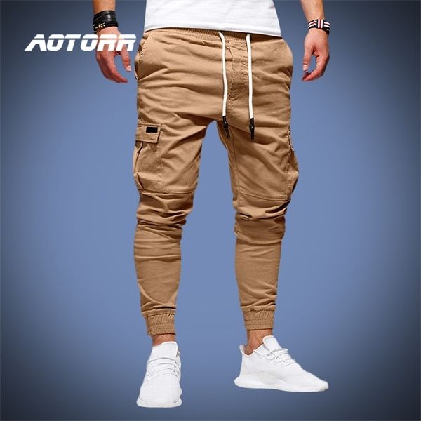 Primavera Men's Cargo Calças Casuais Esportes Sweatpants DrawingString Homens Brand Long Calças Army Jogadores Calças Pantalon Homme 2020 Novo X0615