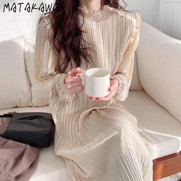 

matakawa lantern sleeve women dress korean gentle stand-up collar robe chic ruffles stitching design loose long vestido 210513, Black;gray