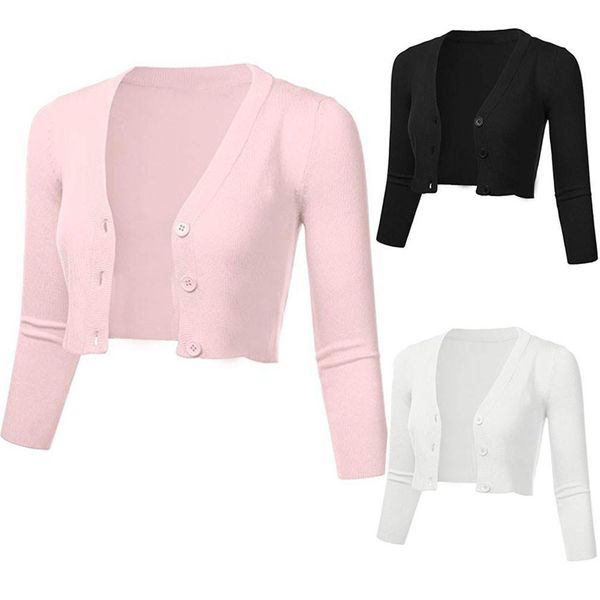 

3 4 sleeve cropped women sweater short cardigans solid casual button down long coat autumn knit pull femme, White;black