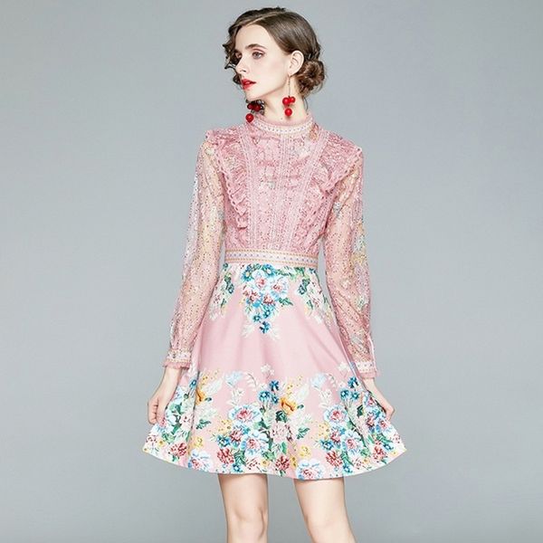 

arrive fashion autumn runway women lace printing patchwork ruffles stand collar party vintage office dress vestidos 210514, Black;gray
