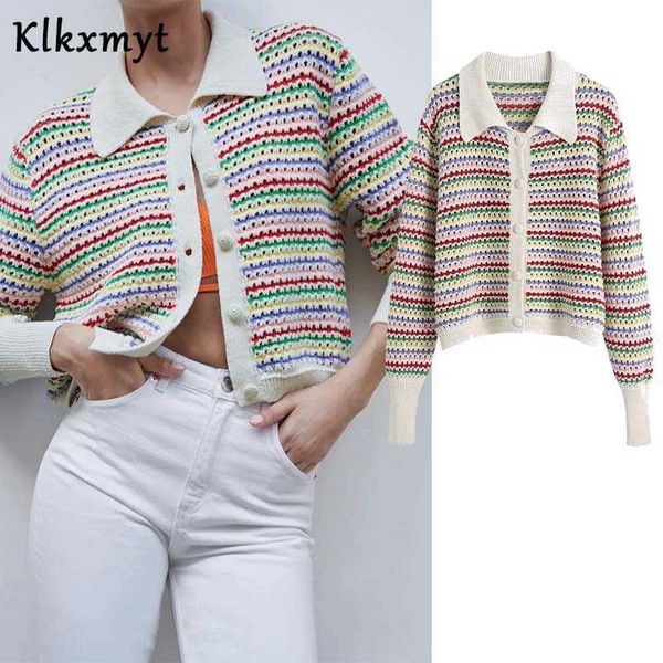 

klkxmyt za cardigan sweater women fashion multicolor stripe knitted vintage long sleeve female outerwear chic 210527, White