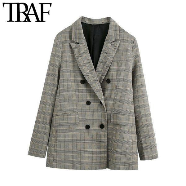

women fashion office wear double breasted check blazer coat vintage long sleeve pockets female outerwear chic 210507, White;black