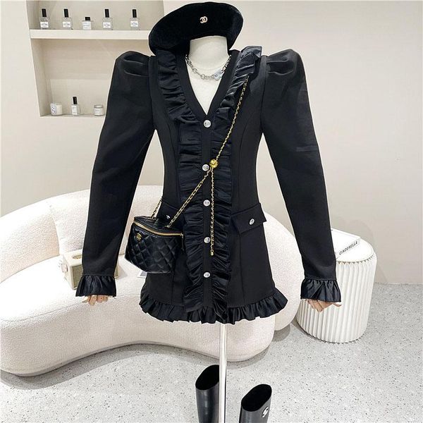 

casual dresses temperament wind little black dress 2021 autumn korean style wood ears thin puff sleeve v-neck female, Black;gray