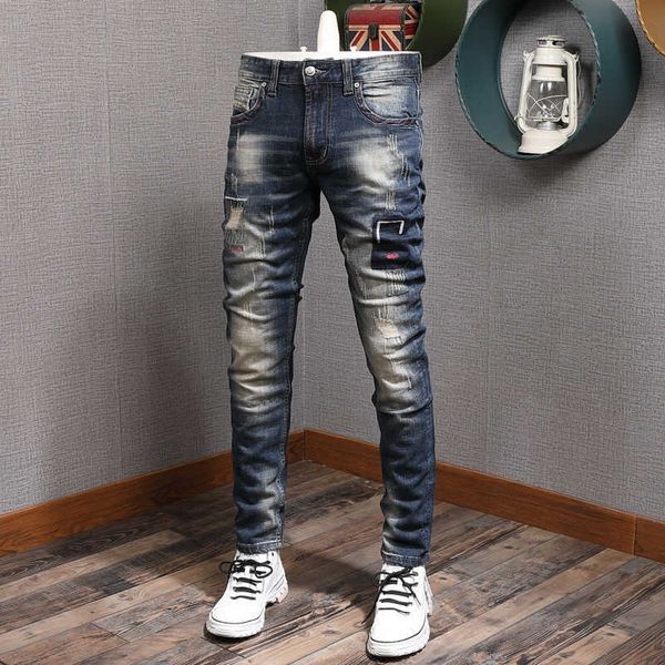 Estilo italiano moda homens jeans de alta qualidade vintage retro escuro azul bordado designer rasgado streetwear hip hop calças h4li