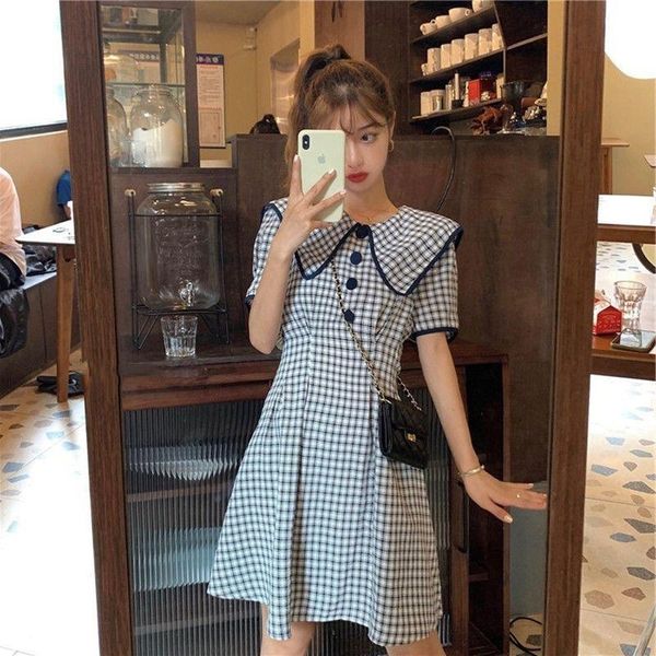 

casual dresses short sleeve dress women sailor collar plaid buttons preppy style mini a-line slender n harajuku chic fashion vestido, Black;gray