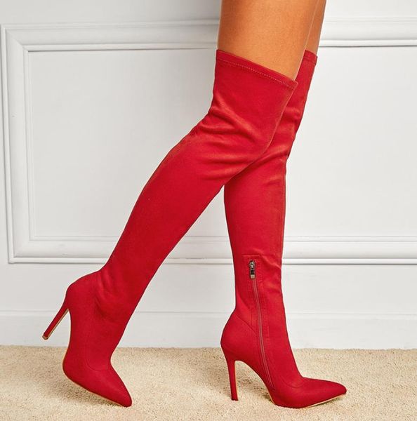 Сапоги зимняя леди Pointe обувь молнию сексуальные бедра высокие каблуки забивает платформы ботинки - женщины 2021 заостренный красный над коленом