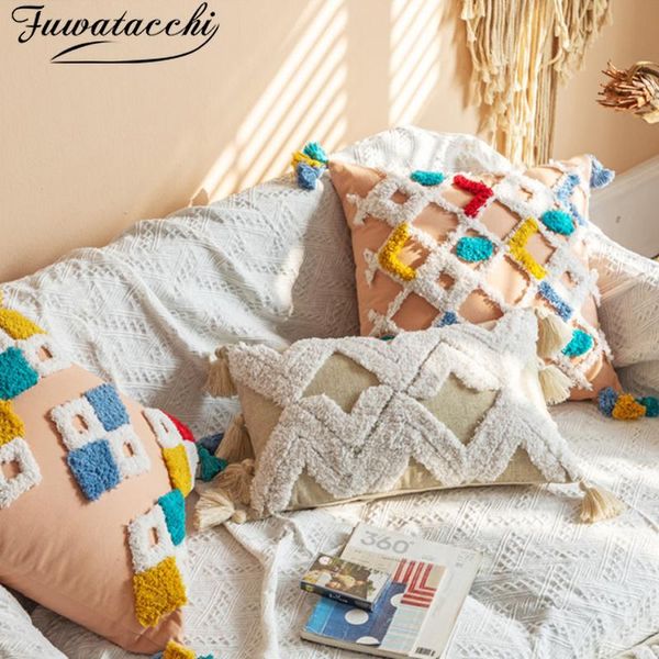 

fuwatacchi cotton canvas tufted cushion cover geometric tassel pillow covers for home couch sofa decor pillowcases funda cojines cushion/dec