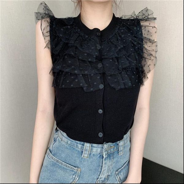 

women fashion knitting tanks patchwork lace sweet lady sleeveless ruffles t shirts sweater cardigans, White