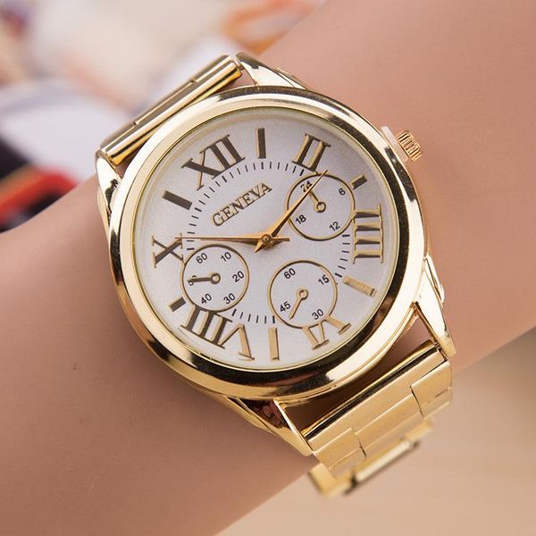 

wristwatches 2021 brand 3 eyes gold geneva casual quartz watch women stainless steel dress watches relogio feminino ladies clock, Slivery;brown