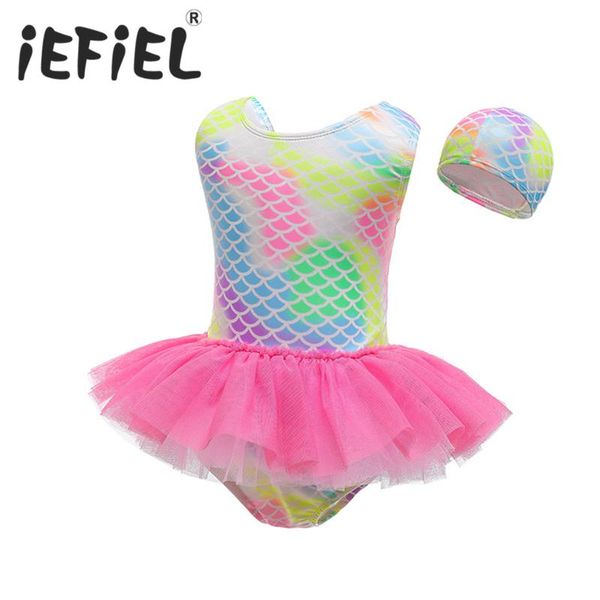 

one-piece suits kids girls child one piece swimwear beachwear romper swimsuits sleeveless fish scale print ruffled mesh swimming suit with h