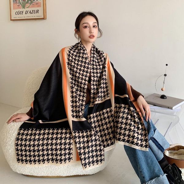 

scarves 2021winter fashion line color matching thousand bird lattice imitation cashmere women's scarf thickened warm tassel withshawl, Blue;gray