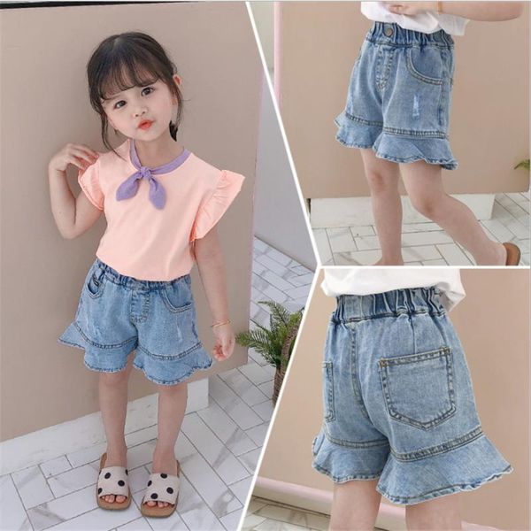 

girls' pants for summer children's clothing baby's solid color ruffled loose denim shorts, Black