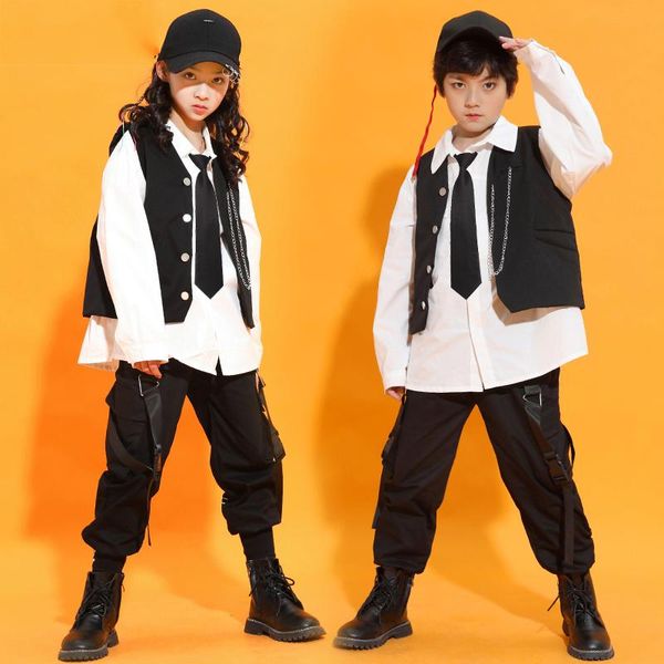 

stage wear kids hip hop dance costumes boys girls white shirt suit black vest hiphop pants jazz performance clothes outfits bl5736, Black;red