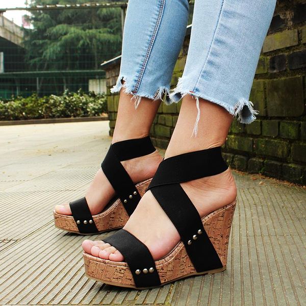 

plus size women sandals high heels 8cm platform wedegs sandal cross strap gladiator sandalias feminina summer wedge heel shoes, Black