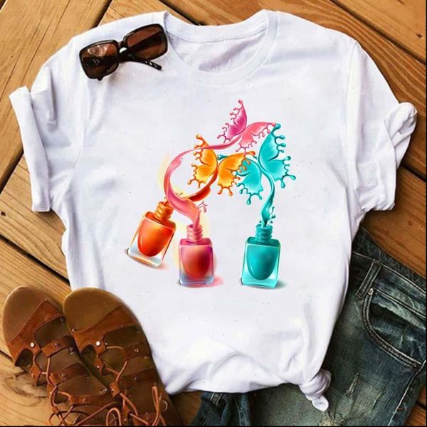 

harajuku aesthetic nail polish print women t shirt 90s girl ullzang kawaii streetwear shirts, White