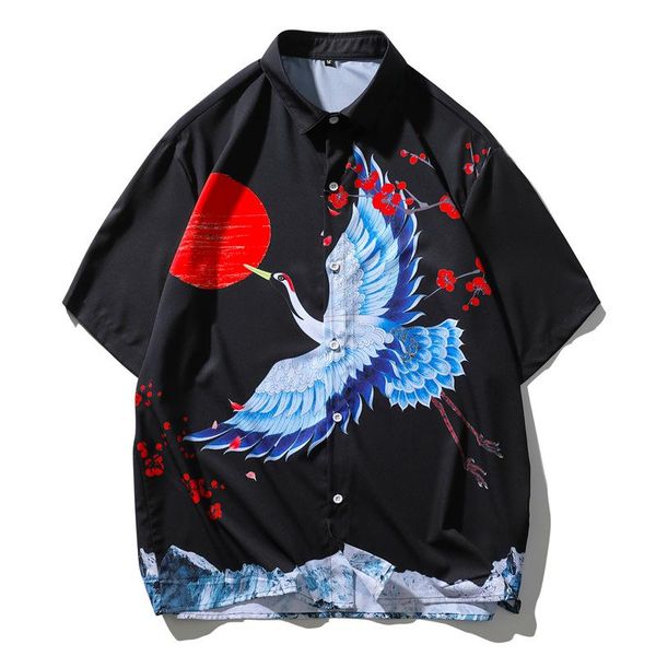 

men's hip-hop streetwear anime print shirt camisa masculina short-sleeved vacation sea hawaiian beach casual shirts, White;black